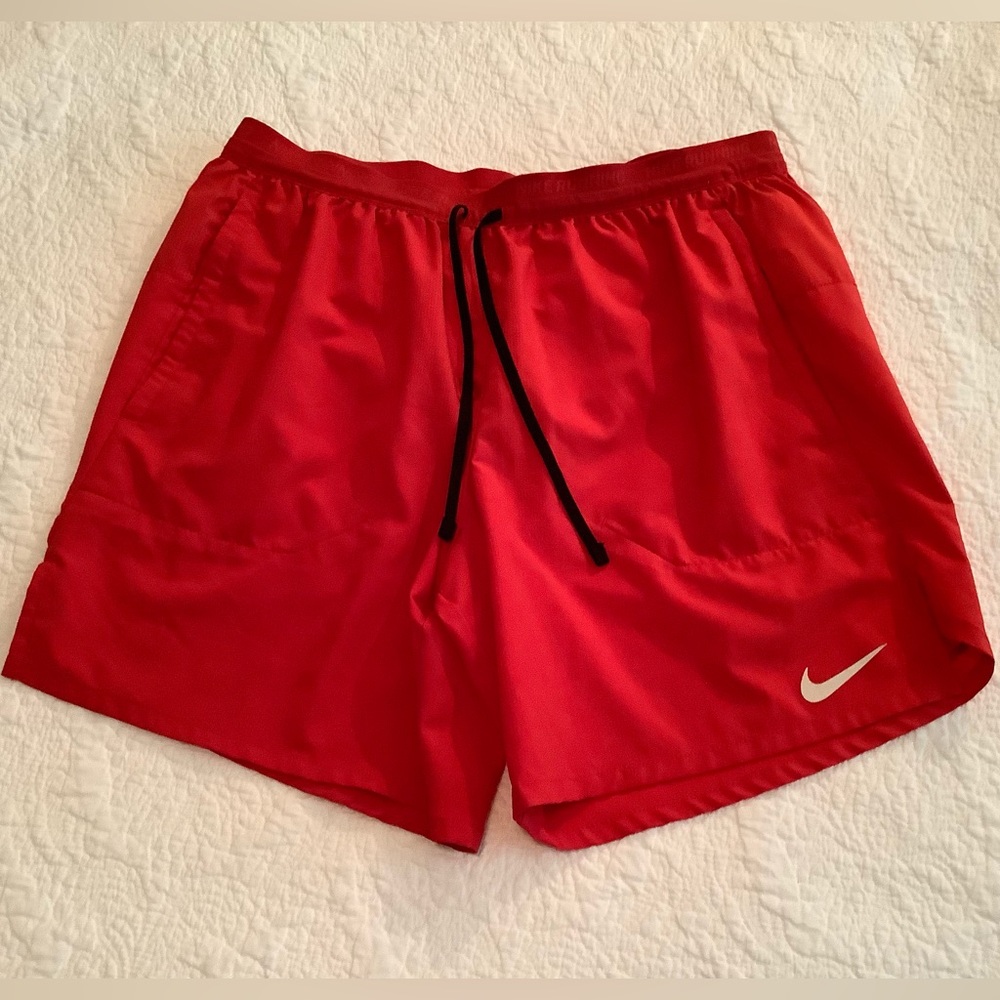Nike Red Men's Athletic Shorts with Black Drawstring and White Swoosh